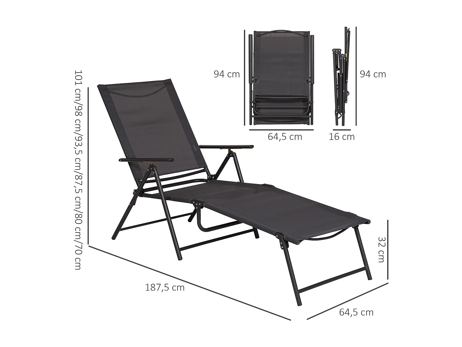 Bain de soleil pliable transat inclinable 5 positions chaise longue grand confort avec accoudoirs dim. 152L x 65l x 100H cm métal époxy textilène gris