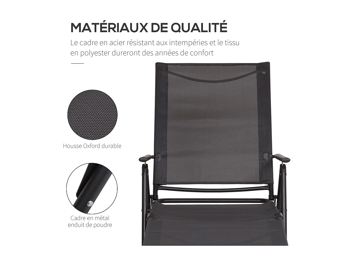Bain de soleil pliable transat inclinable 5 positions chaise longue grand confort avec accoudoirs dim. 152L x 65l x 100H cm métal époxy textilène gris