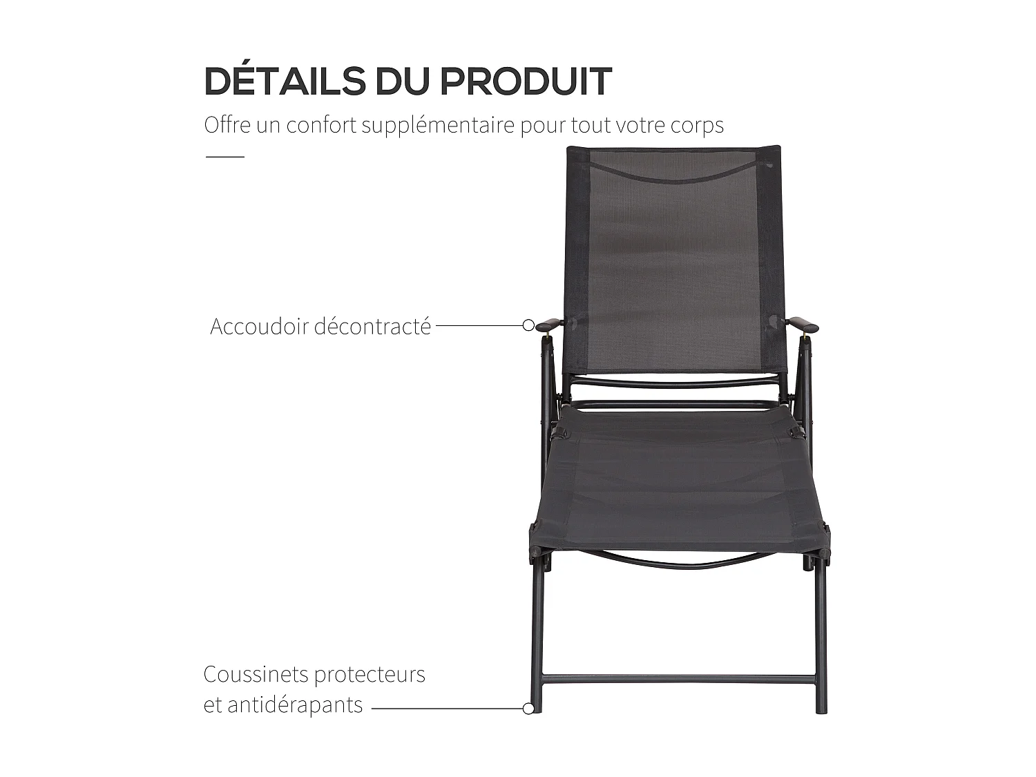 Bain de soleil pliable transat inclinable 5 positions chaise longue grand confort avec accoudoirs dim. 152L x 65l x 100H cm métal époxy textilène gris