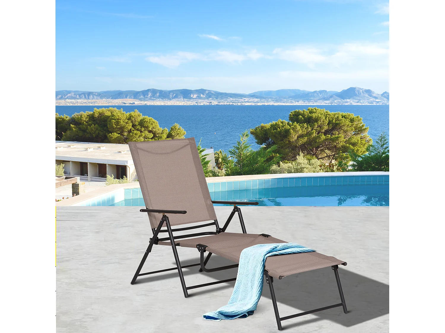 Bain de soleil pliable transat inclinable 5 positions chaise longue grand confort avec accoudoirs dim. 152L x 65l x 100H cm métal époxy textilène sable