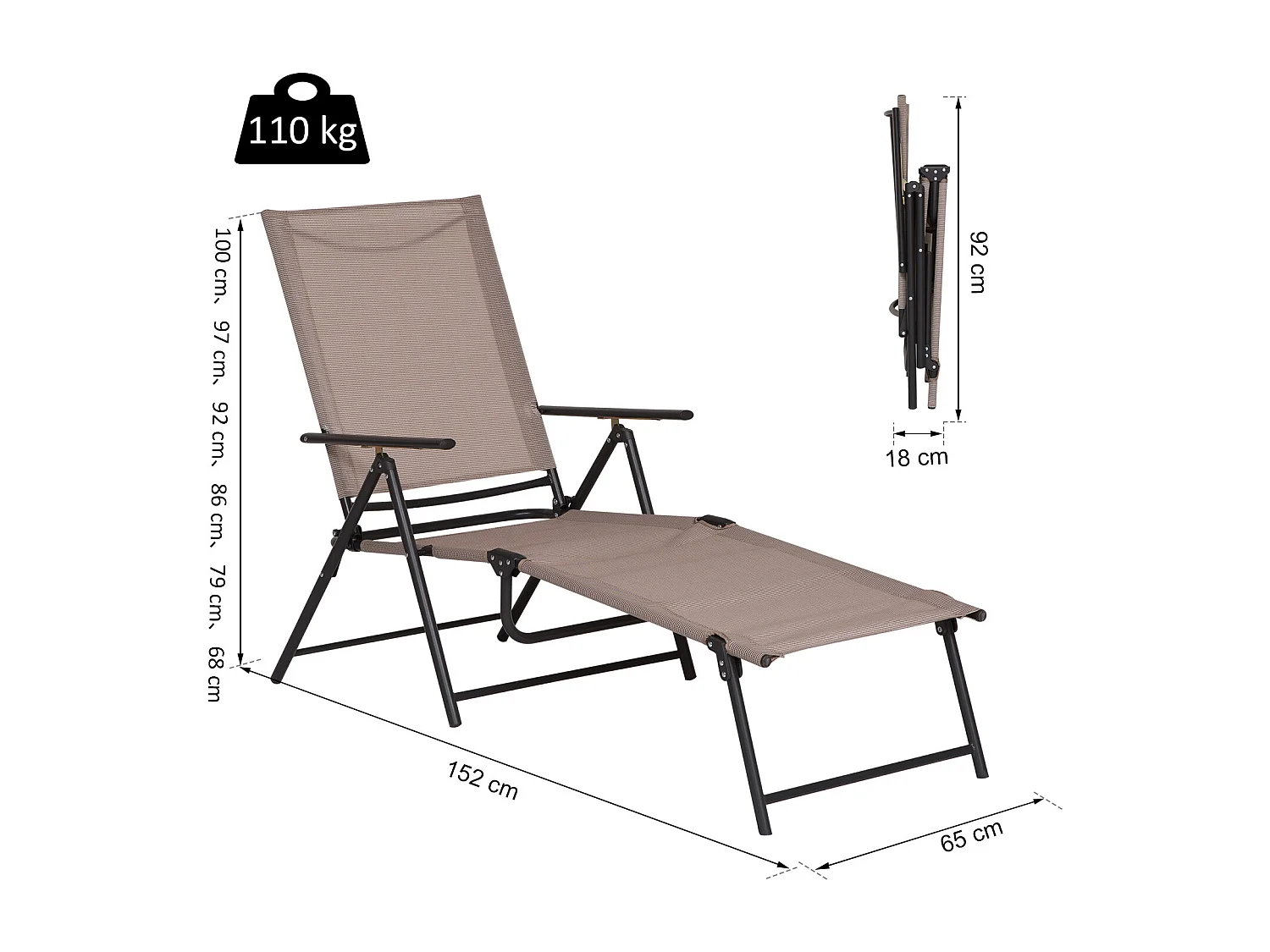 Bain de soleil pliable transat inclinable 5 positions chaise longue grand confort avec accoudoirs dim. 152L x 65l x 100H cm métal époxy textilène sable