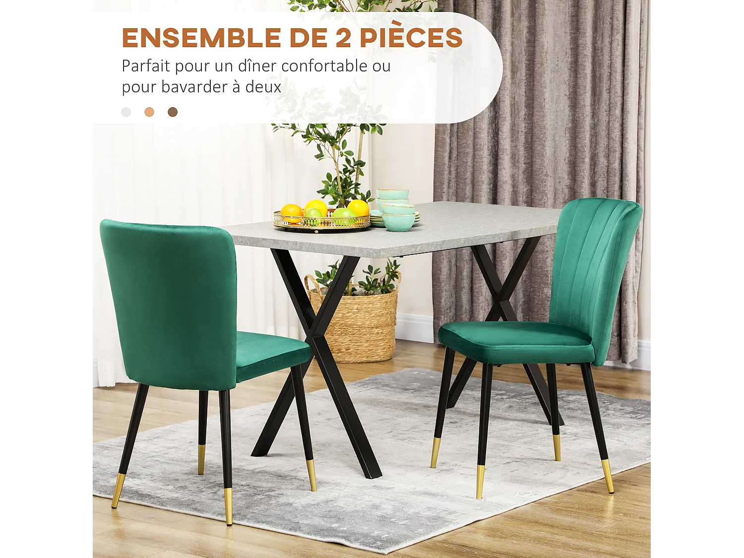 Lot de 2 chaises style art déco extrémités pieds dorés dossier strié revêtement aspect velours vert