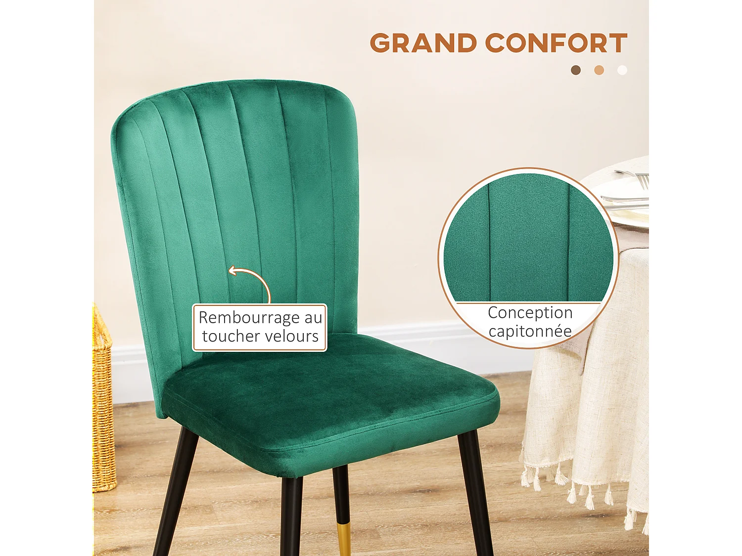 Lot de 2 chaises style art déco extrémités pieds dorés dossier strié revêtement aspect velours vert