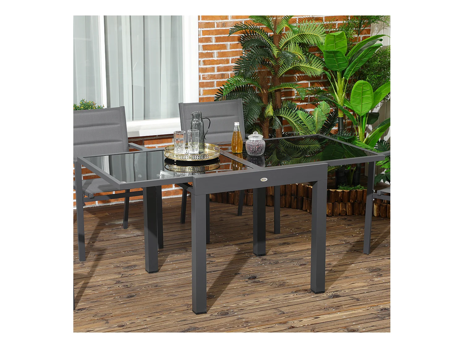 Table extensible de jardin grande taille dim. dépliées 160L x 80l x 75H cm alu métal époxy anthracite plateau verre trempé noir