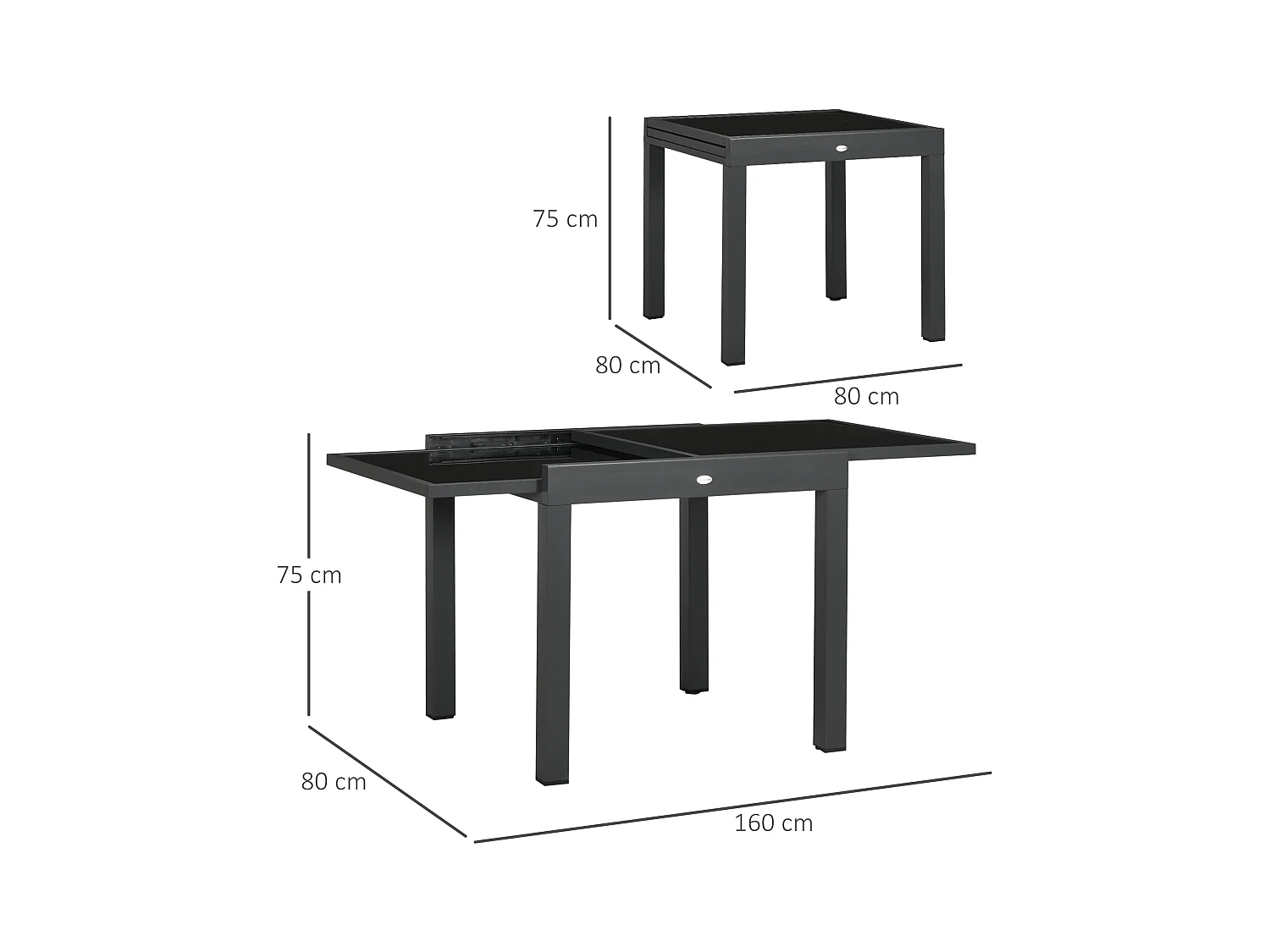 Table extensible de jardin grande taille dim. dépliées 160L x 80l x 75H cm alu métal époxy anthracite plateau verre trempé noir