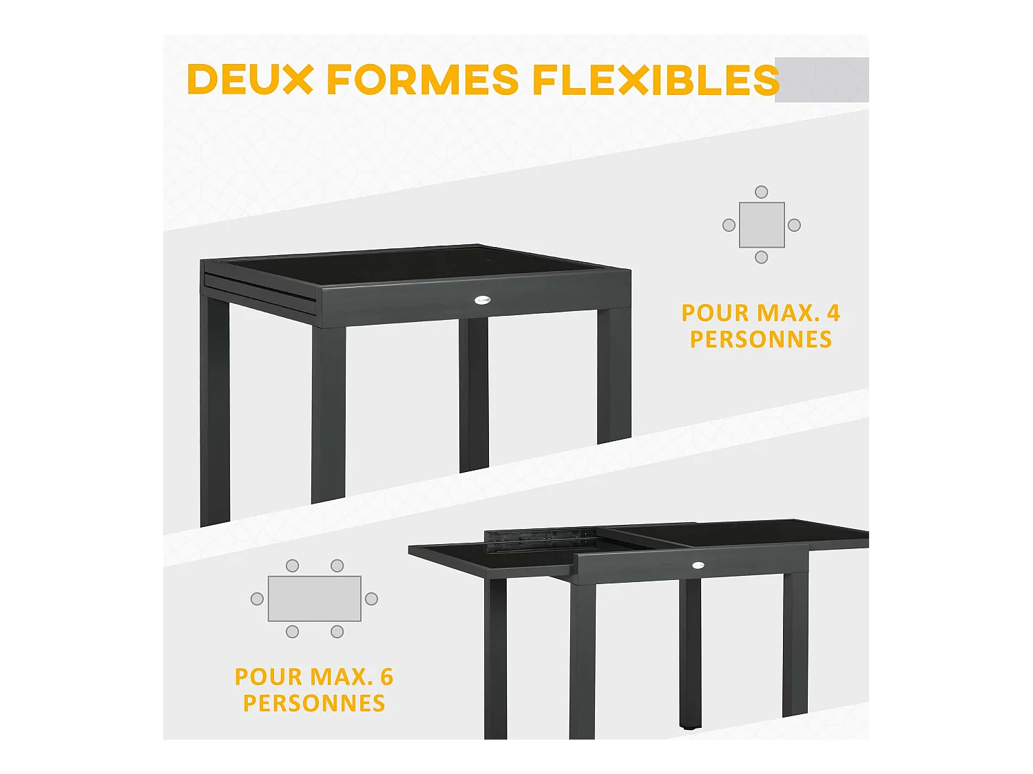 Table extensible de jardin grande taille dim. dépliées 160L x 80l x 75H cm alu métal époxy anthracite plateau verre trempé noir