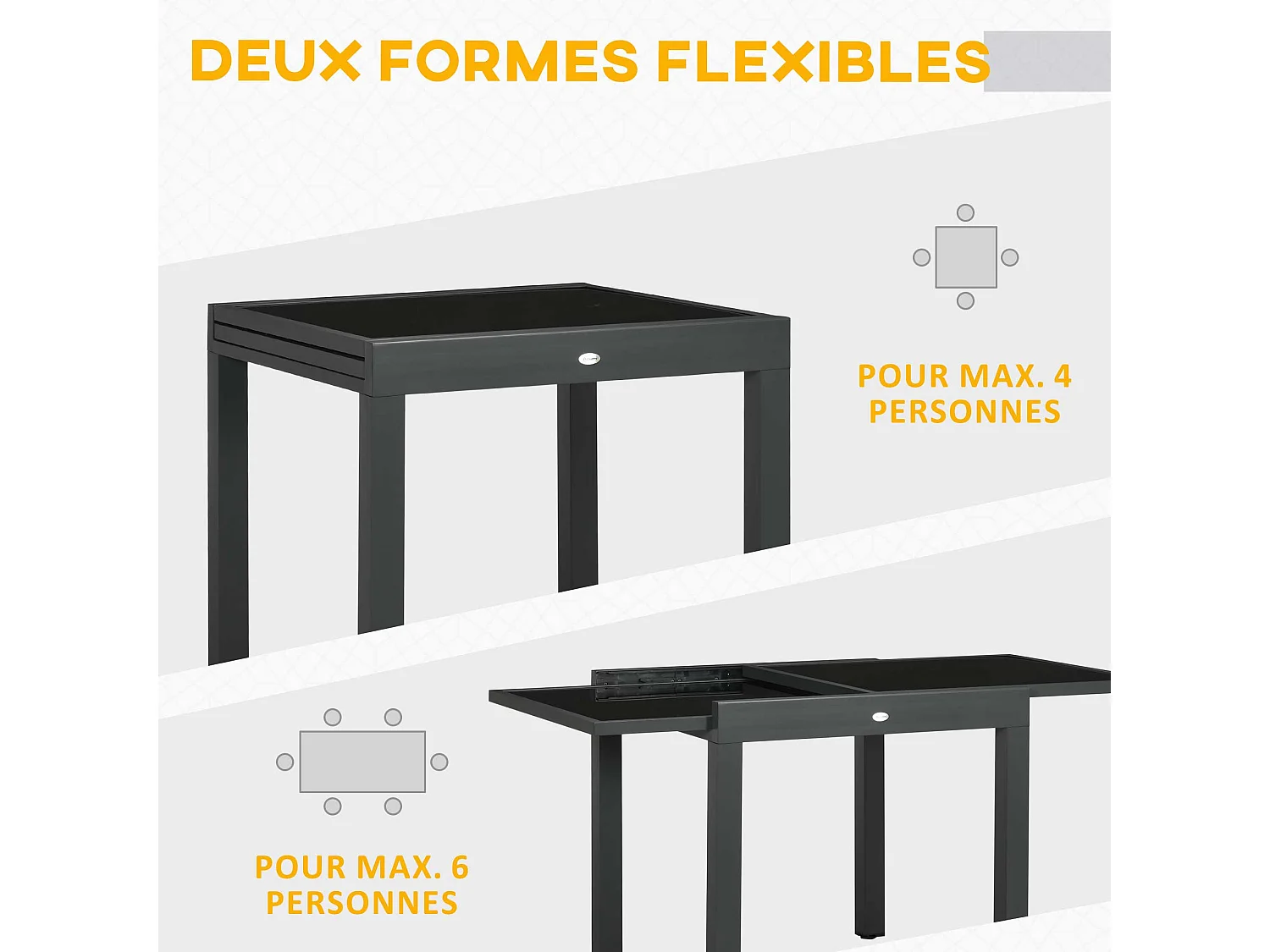 Table extensible de jardin grande taille dim. dépliées 160L x 80l x 75H cm alu métal époxy anthracite plateau verre trempé noir