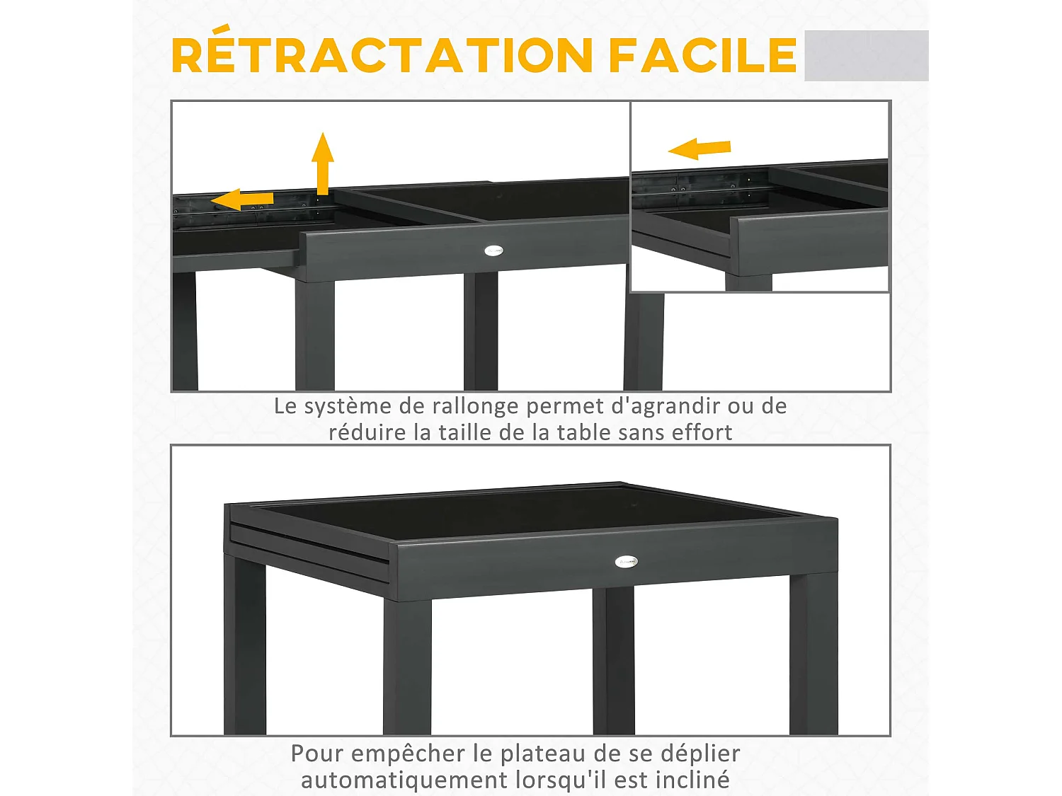 Table extensible de jardin grande taille dim. dépliées 160L x 80l x 75H cm alu métal époxy anthracite plateau verre trempé noir