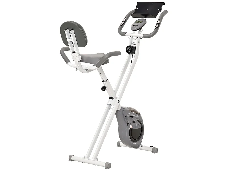 Vélo d'appartement pliable grand confort dossier selle réglable poignées ergonomiques écran LCD multifonction support tablette acier blanc gris