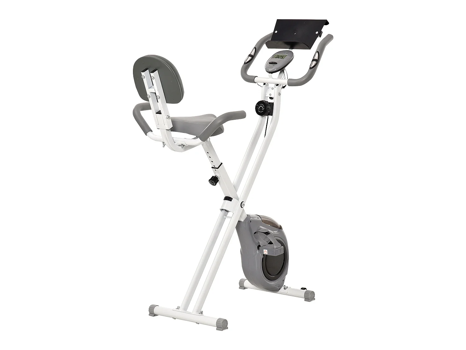 Vélo d'appartement pliable grand confort dossier selle réglable poignées ergonomiques écran LCD multifonction support tablette acier blanc gris