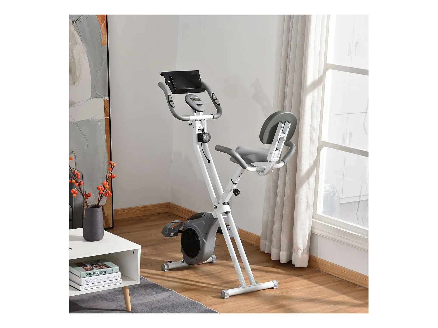 Vélo d'appartement pliable grand confort dossier selle réglable poignées ergonomiques écran LCD multifonction support tablette acier blanc gris