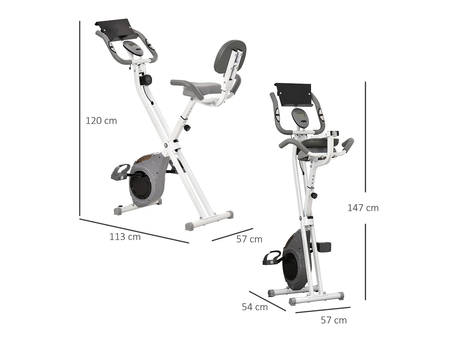 Vélo d'appartement pliable grand confort dossier selle réglable poignées ergonomiques écran LCD multifonction support tablette acier blanc gris