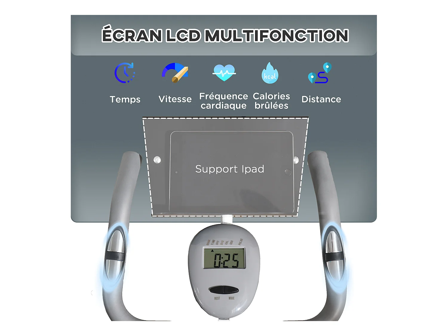 Vélo d'appartement pliable grand confort dossier selle réglable poignées ergonomiques écran LCD multifonction support tablette acier blanc gris