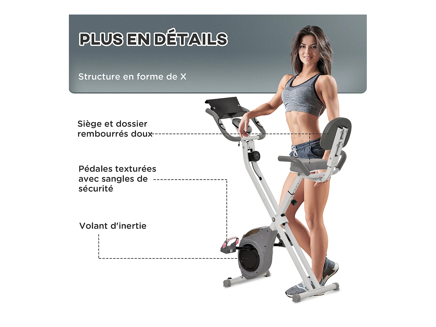 Vélo d'appartement pliable grand confort dossier selle réglable poignées ergonomiques écran LCD multifonction support tablette acier blanc gris