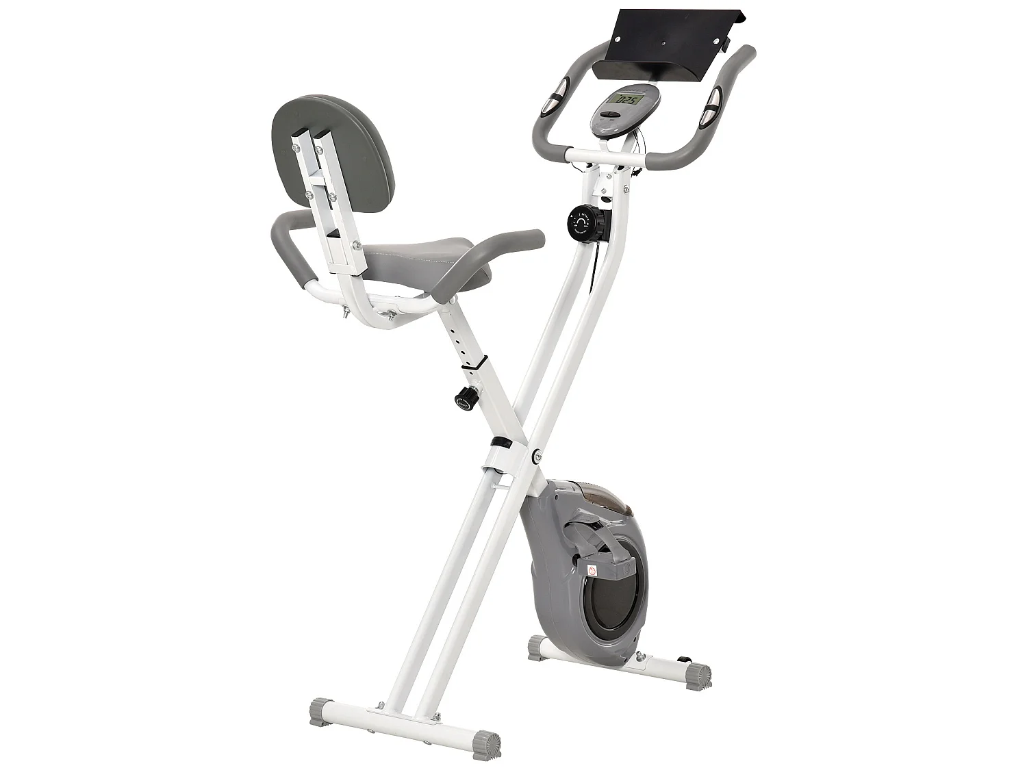 Vélo d'appartement pliable grand confort dossier selle réglable poignées ergonomiques écran LCD multifonction support tablette acier blanc gris