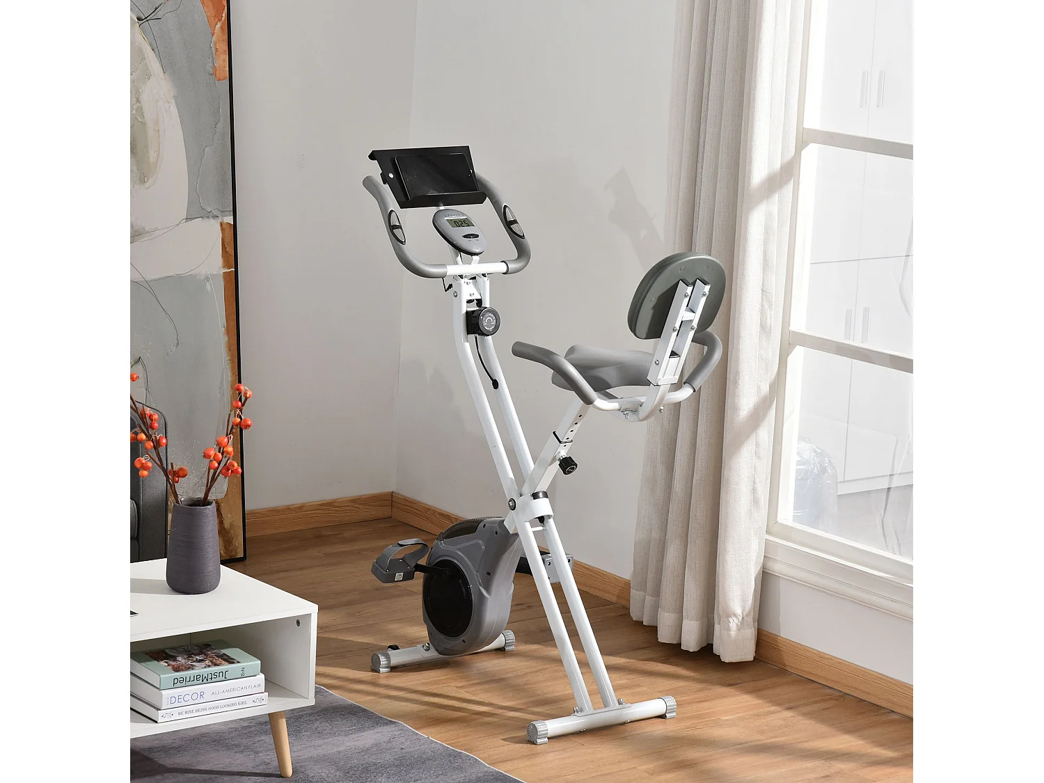 Vélo d'appartement pliable grand confort dossier selle réglable poignées ergonomiques écran LCD multifonction support tablette acier blanc gris