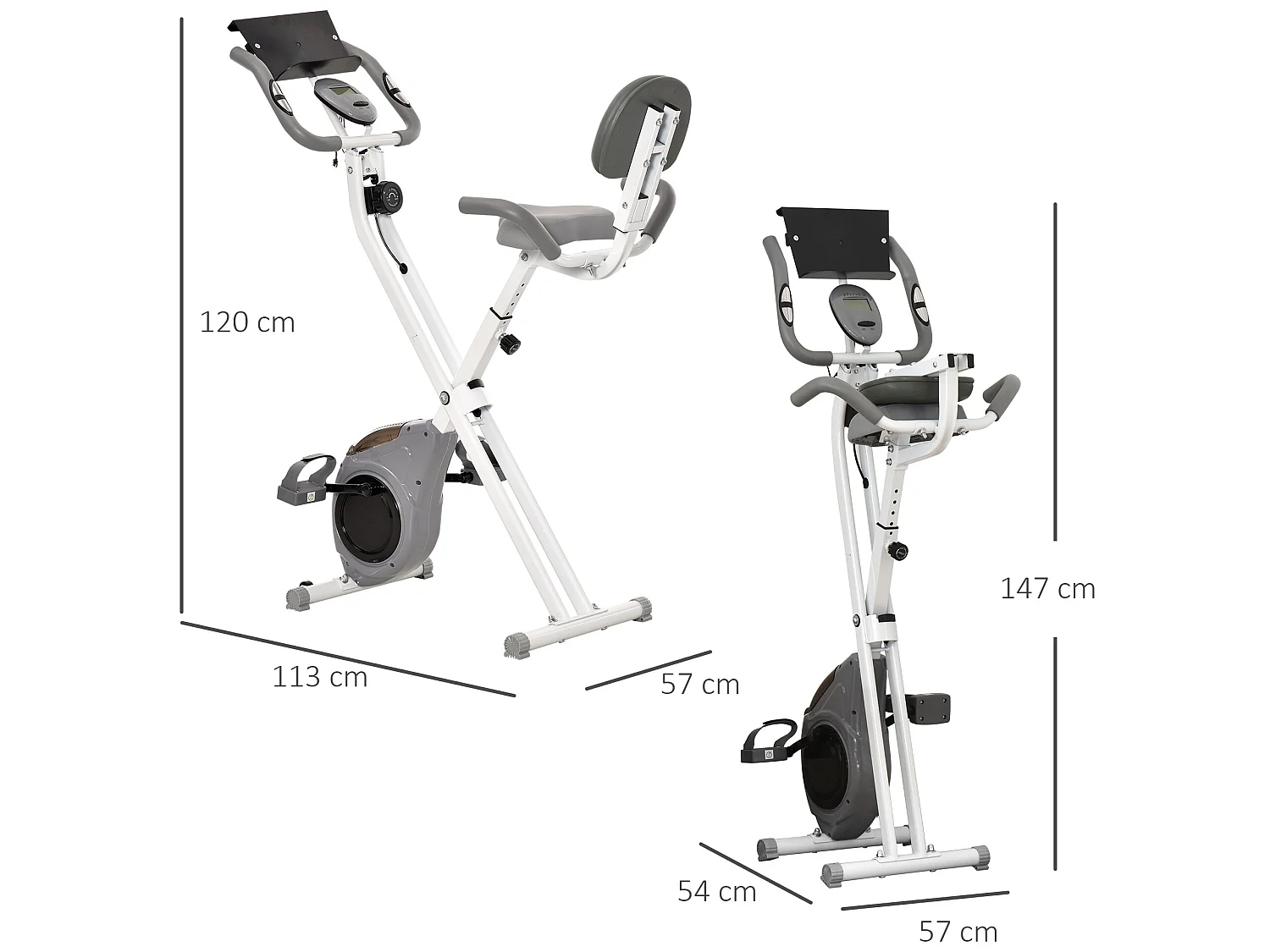 Vélo d'appartement pliable grand confort dossier selle réglable poignées ergonomiques écran LCD multifonction support tablette acier blanc gris