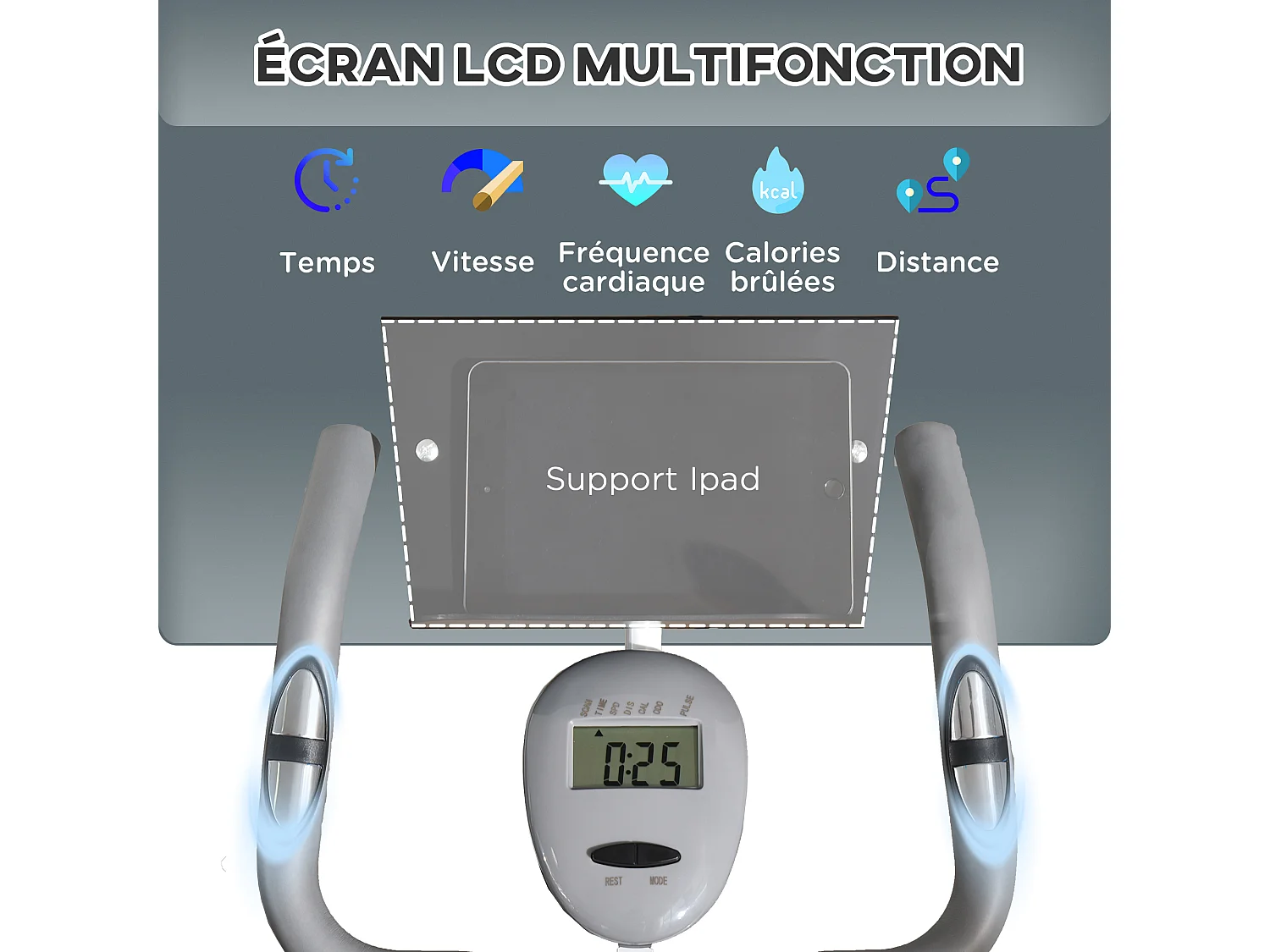 Vélo d'appartement pliable grand confort dossier selle réglable poignées ergonomiques écran LCD multifonction support tablette acier blanc gris