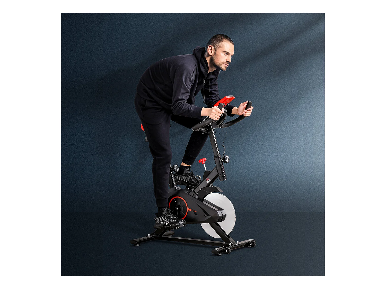 Vélo d'appartement avec écran LCD multifonctions vélo biking cardio training selle et guidon réglables volant inertie 6 Kg acier noir rouge