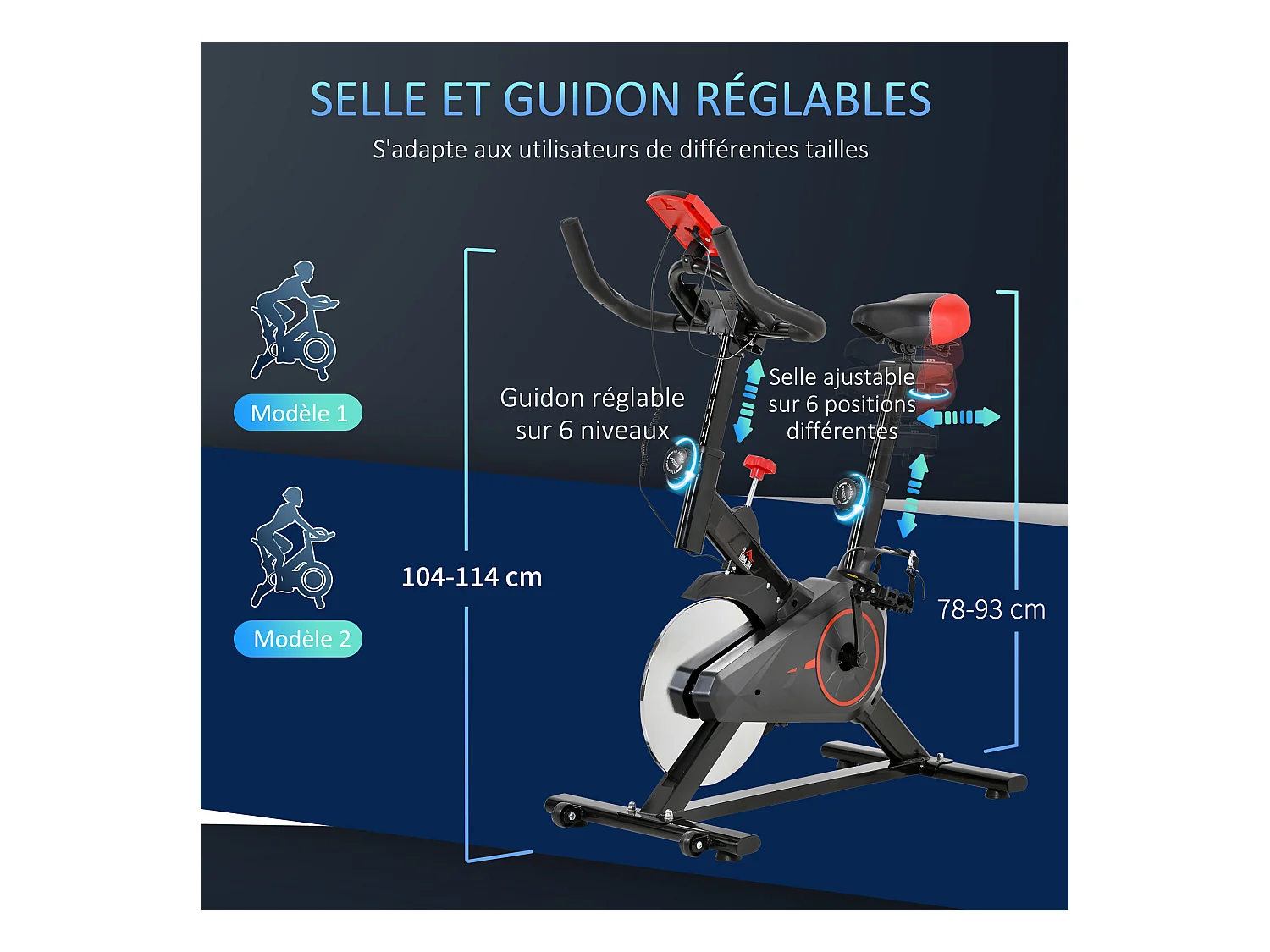 Vélo d'appartement avec écran LCD multifonctions vélo biking cardio training selle et guidon réglables volant inertie 6 Kg acier noir rouge