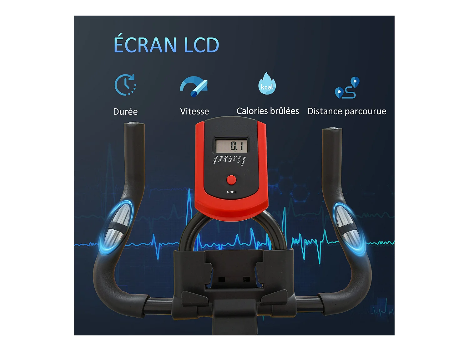 Vélo d'appartement avec écran LCD multifonctions vélo biking cardio training selle et guidon réglables volant inertie 6 Kg acier noir rouge