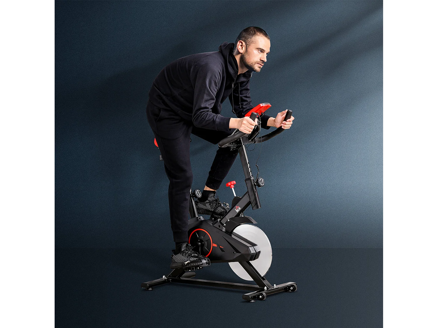 Vélo d'appartement avec écran LCD multifonctions vélo biking cardio training selle et guidon réglables volant inertie 6 Kg acier noir rouge