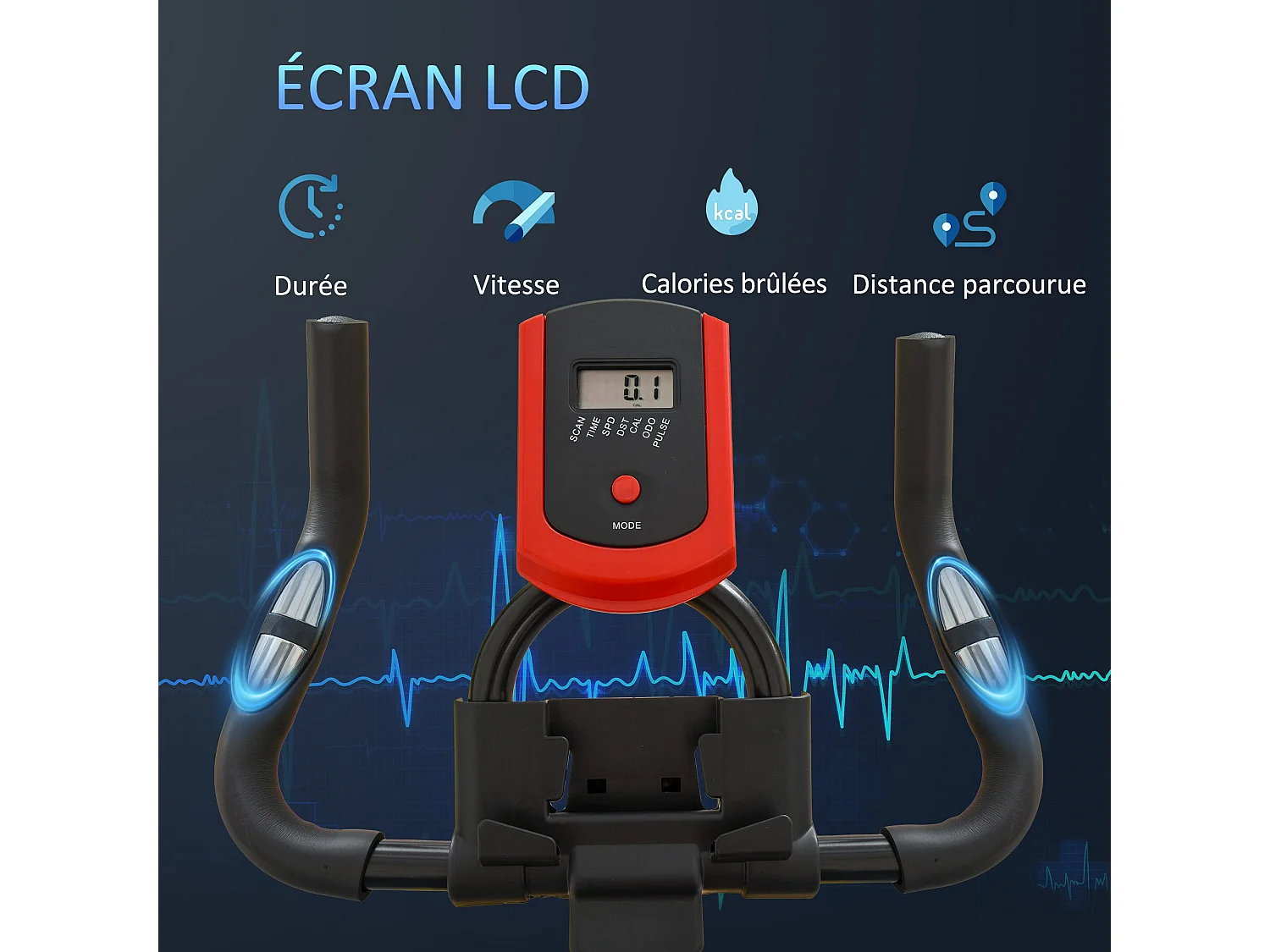 Vélo d'appartement avec écran LCD multifonctions vélo biking cardio training selle et guidon réglables volant inertie 6 Kg acier noir rouge