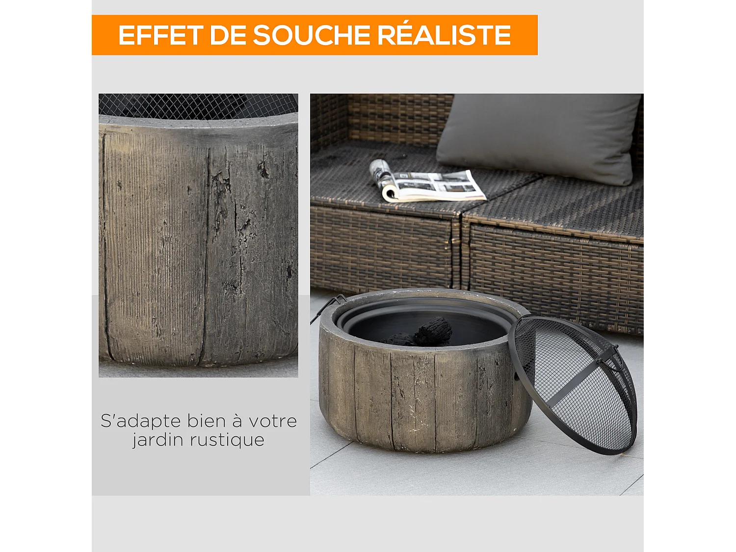 Brasero design cheminée foyer extérieur dim. Ø 45,5 x 34H cm grille couvercle tisonnier métal noir MGO aspect bois