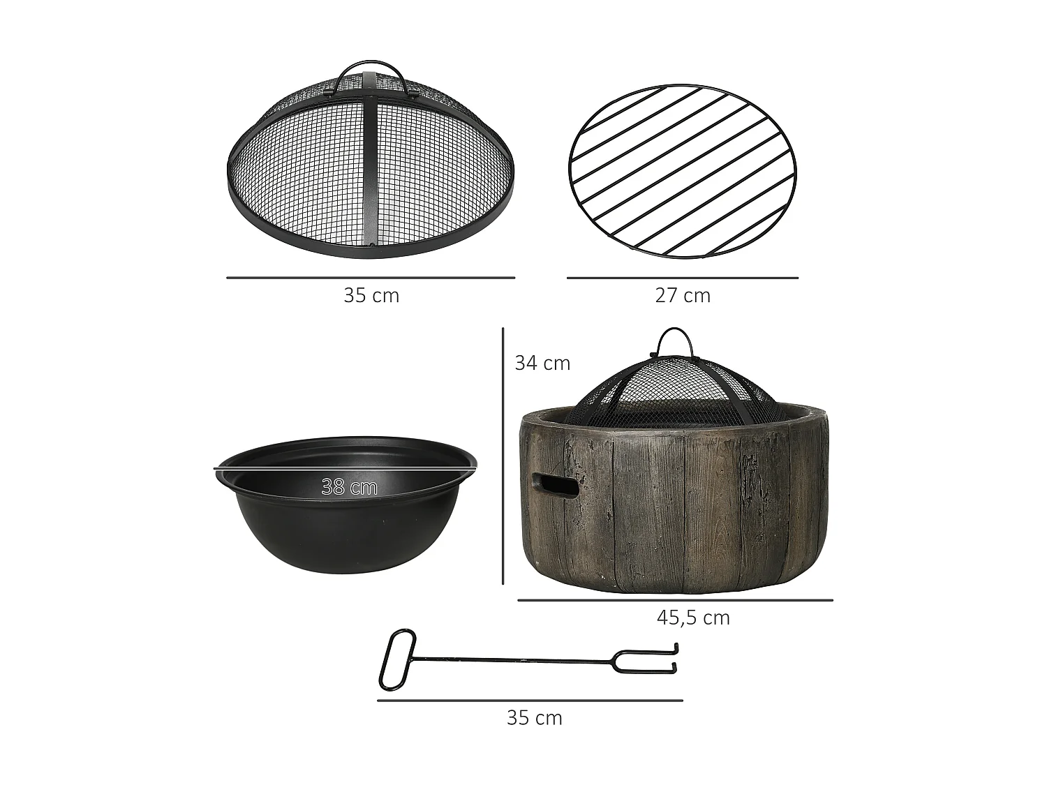 Brasero design cheminée foyer extérieur dim. Ø 45,5 x 34H cm grille couvercle tisonnier métal noir MGO aspect bois
