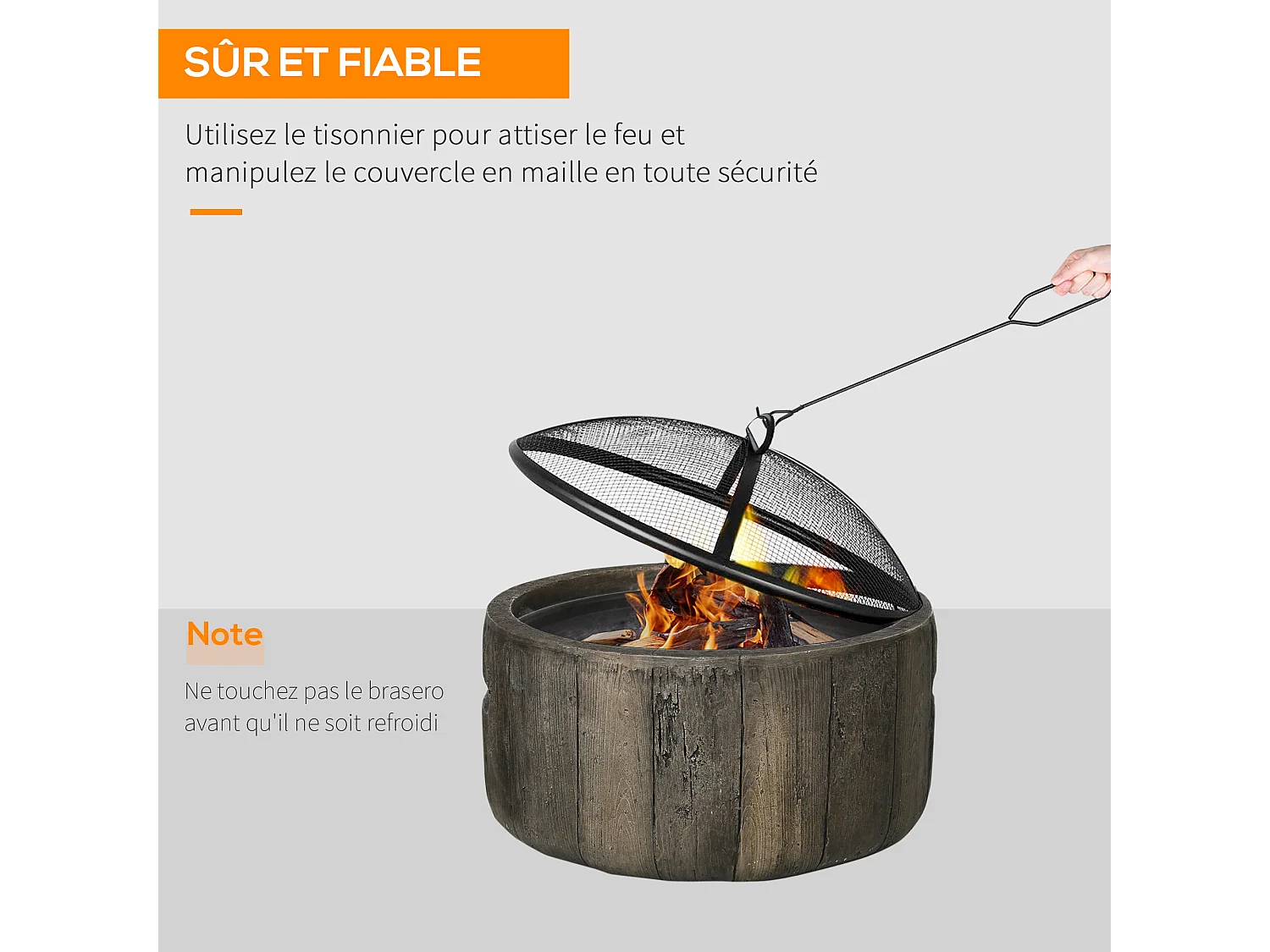 Brasero design cheminée foyer extérieur dim. Ø 45,5 x 34H cm grille couvercle tisonnier métal noir MGO aspect bois
