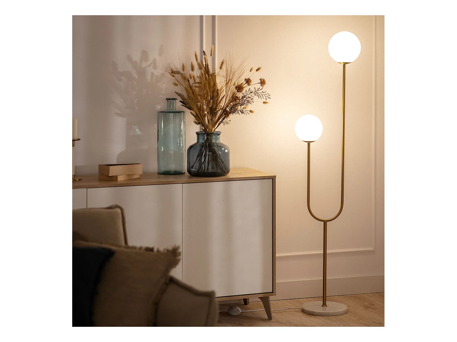 Lampadaire Métal et Verre Moonlight Brass 2 Spots Doré