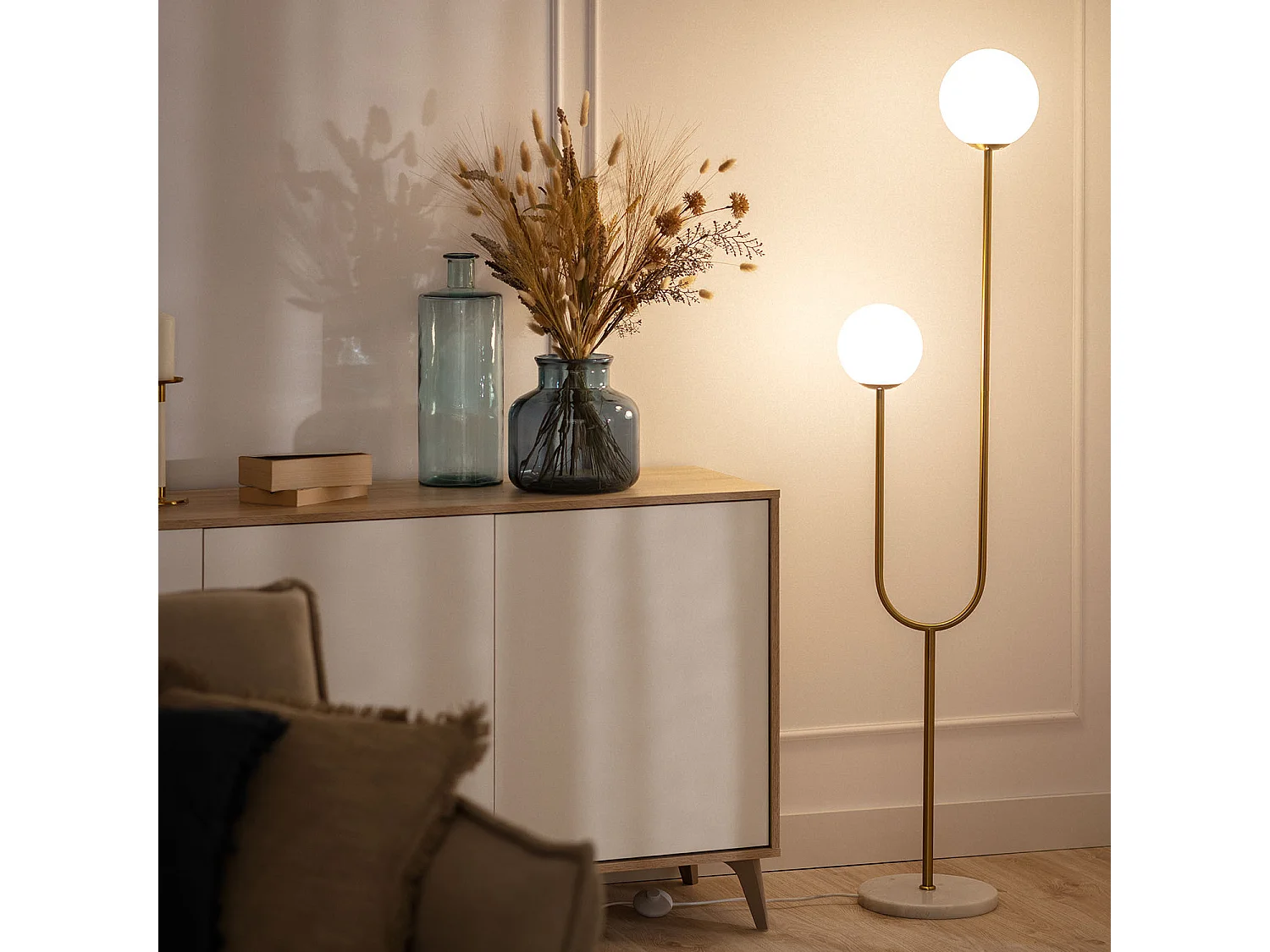 Lampadaire Métal et Verre Moonlight Brass 2 Spots Doré