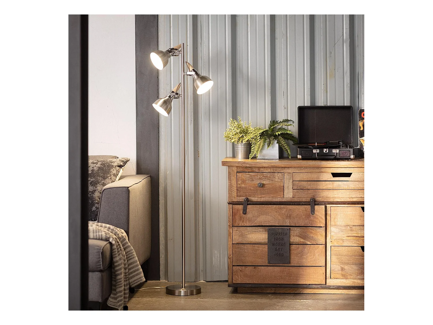 Lámpara de Pie de Metal 3 Focos Plata Emer Plateado