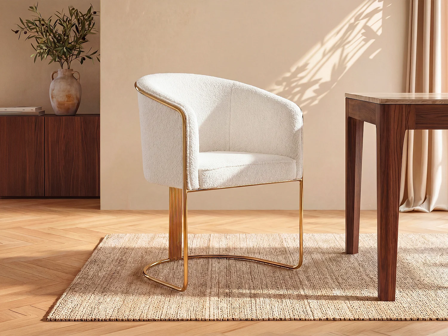 Armchair with Boucle Fabric and Metal Armrests - White and Gold - JOSETHE
