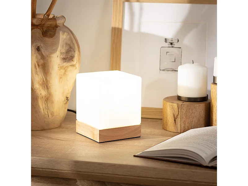 Lámpara de Mesa de Madera y Cristal Retilles Blanco