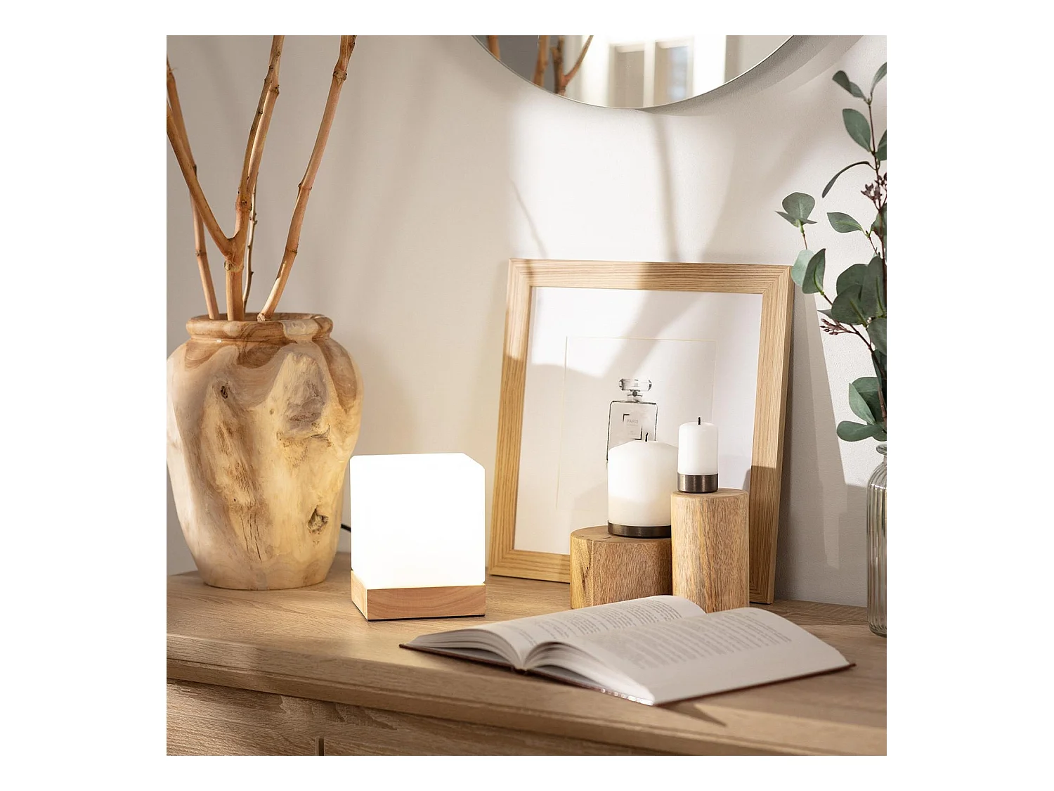 Lámpara de Mesa de Madera y Cristal Retilles Blanco