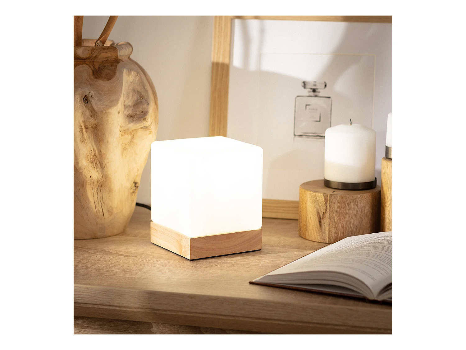 Lámpara de Mesa de Madera y Cristal Retilles Blanco