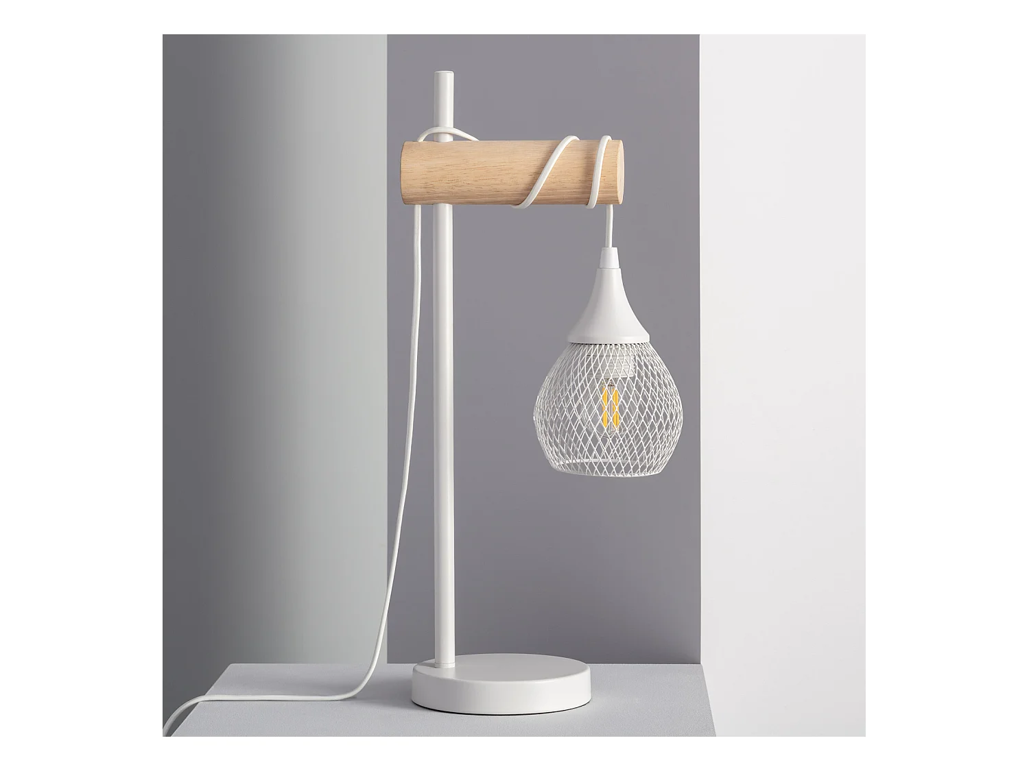 Lámpara de Mesa de Metal y Madera Monah Blanco