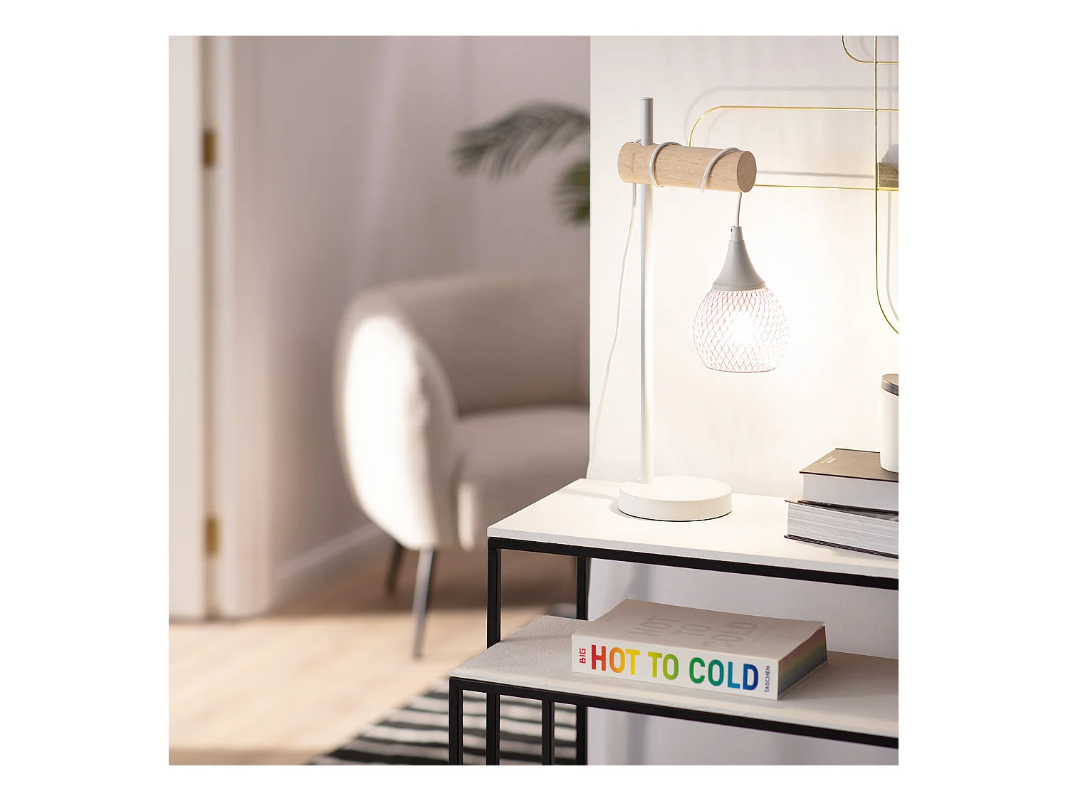 Lámpara de Mesa de Metal y Madera Monah Blanco