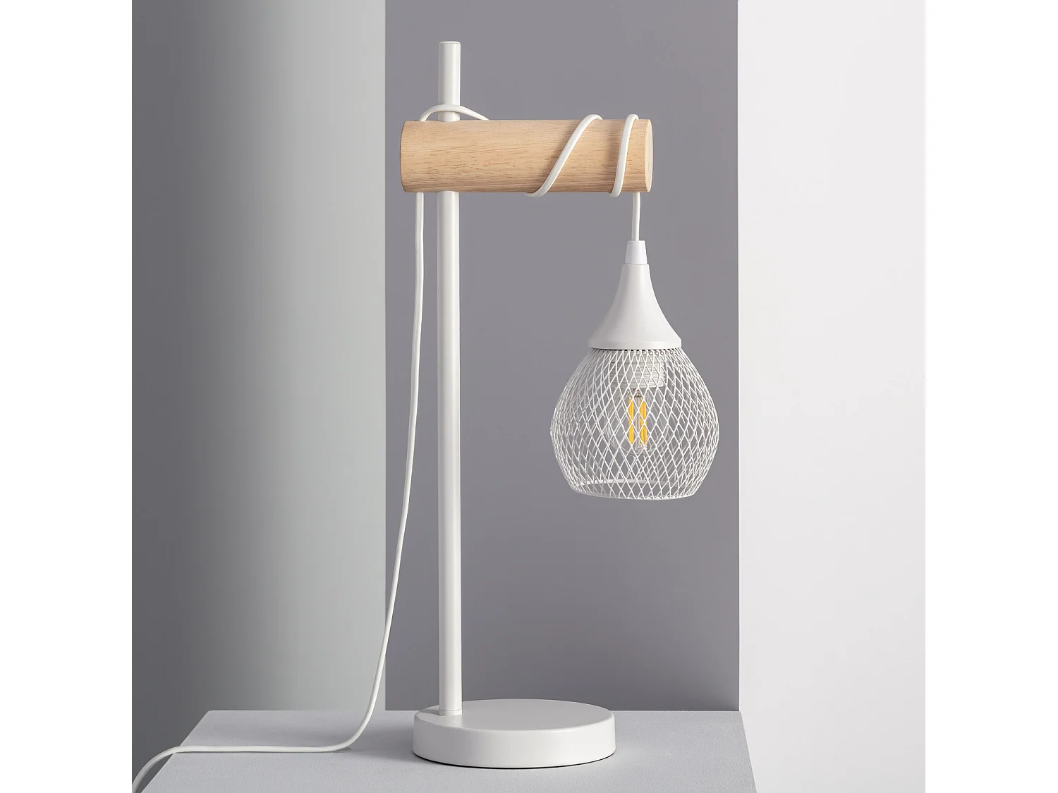 Lampada da Tavolo Metallo e Legno Monah Bianco