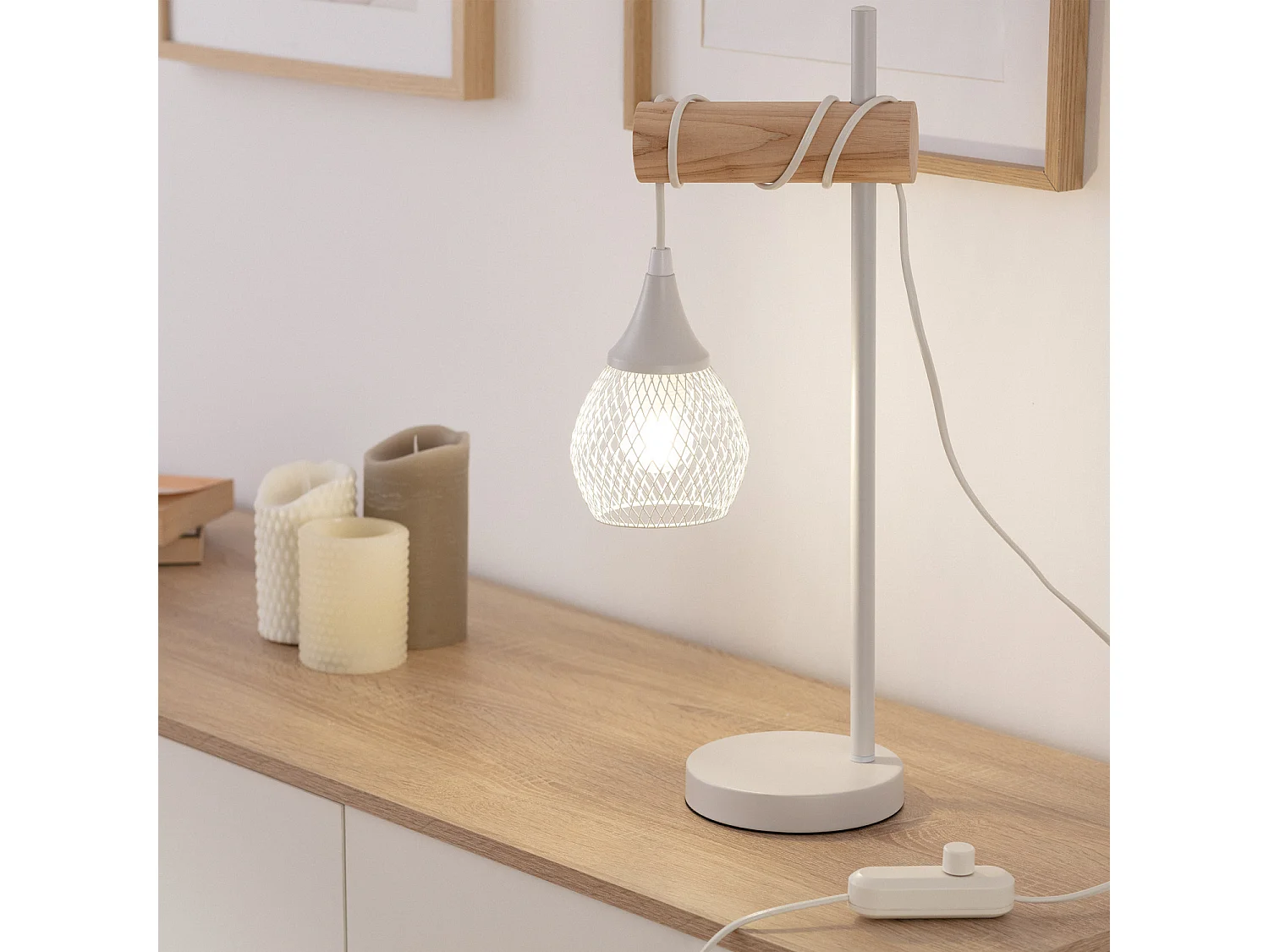 Lampada da Tavolo Metallo e Legno Monah Bianco