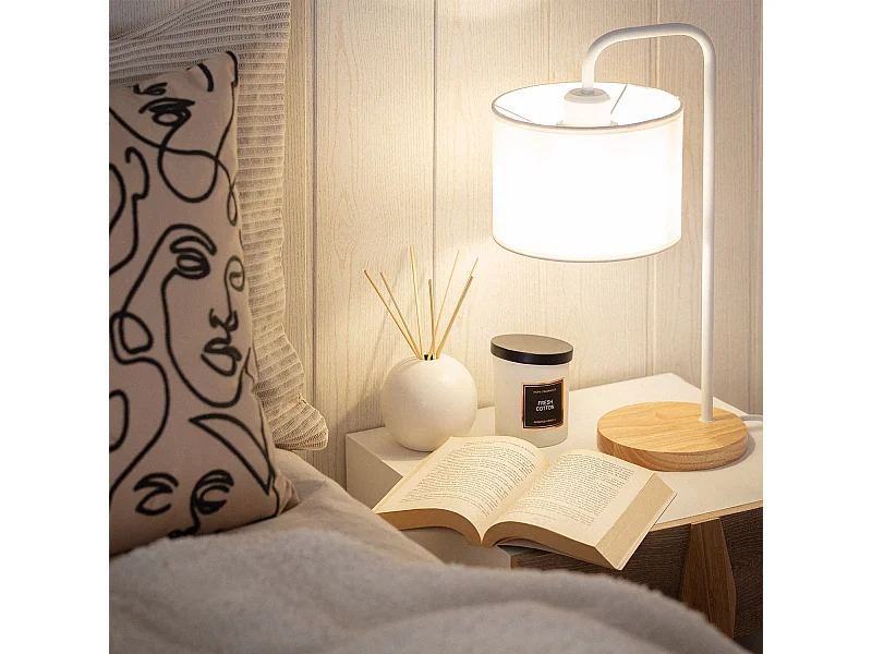 Lampe à Poser Bois et Tissu Diyara Blanc