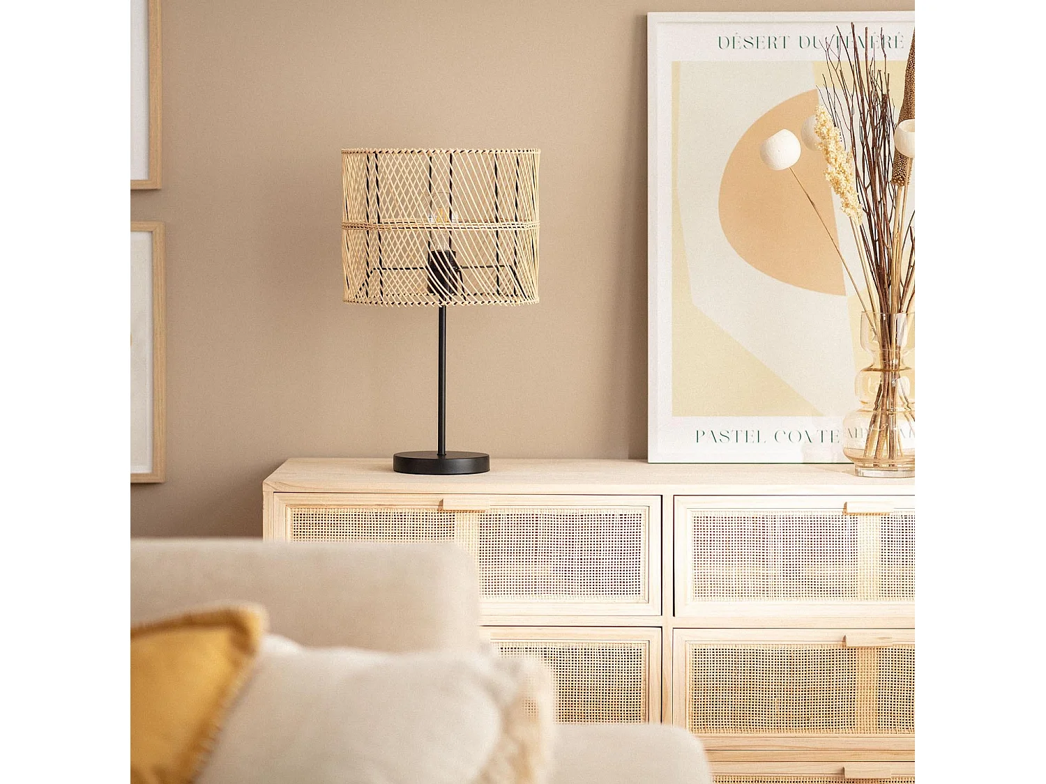 Lampe à Poser Rotin et Tissu Carrere Naturel