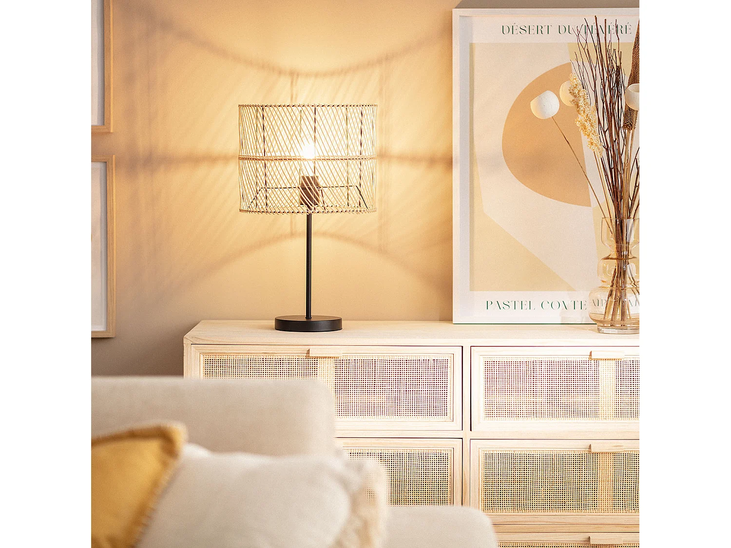 Lampe à Poser Rotin et Tissu Carrere Naturel