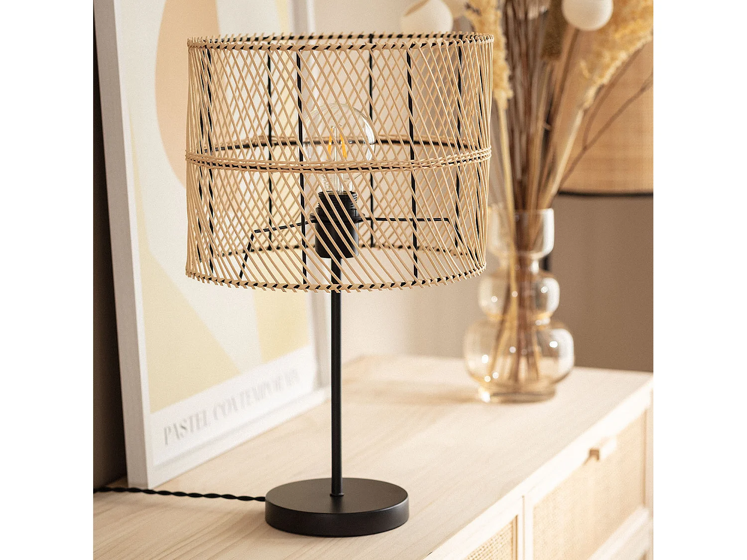 Lampe à Poser Rotin et Tissu Carrere Naturel