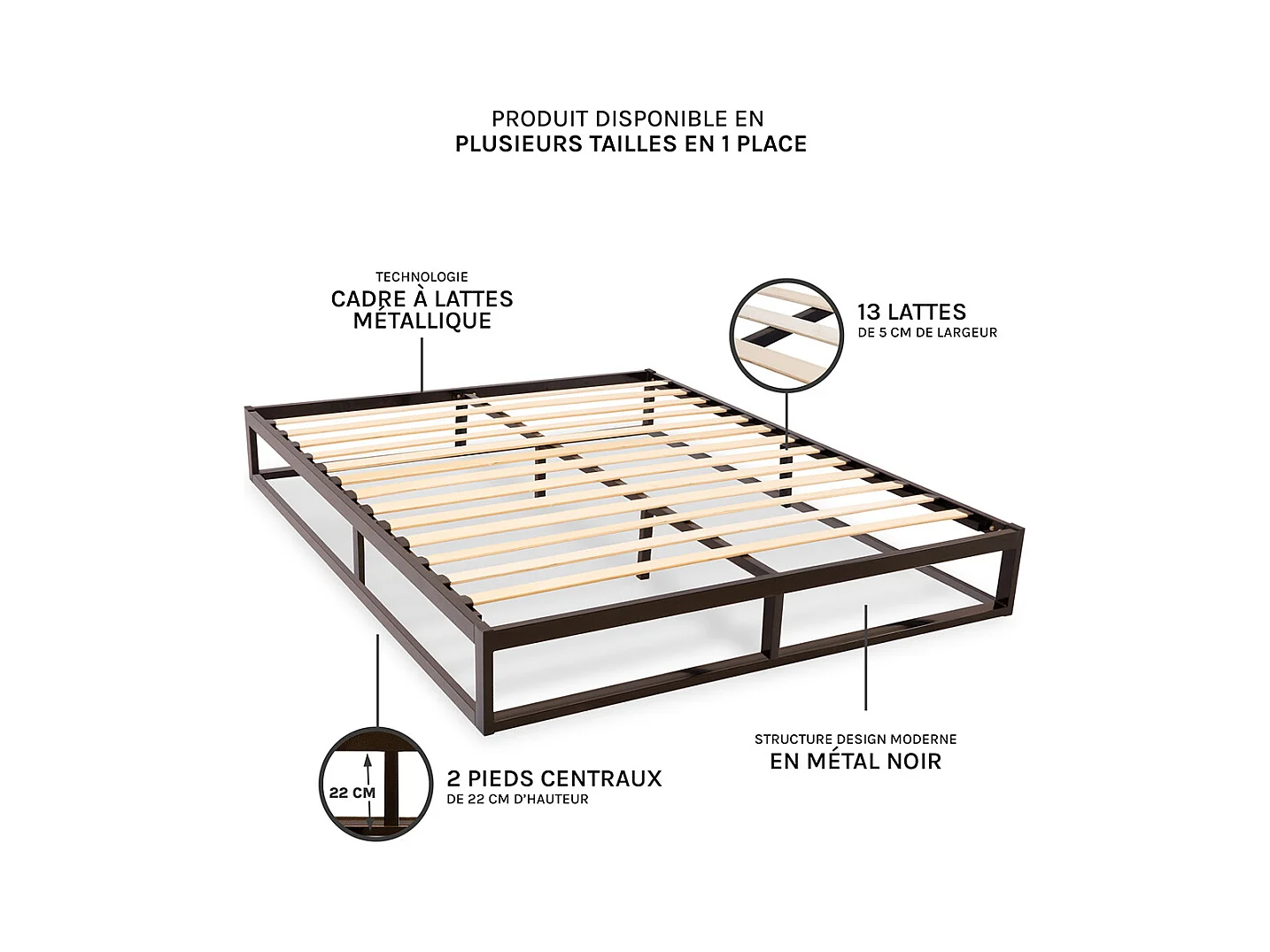 OLYMPE LITERIE | Sommier à lattes en métal LEONIDAS 140x190 cm | Coloris Noir | Livré en kit