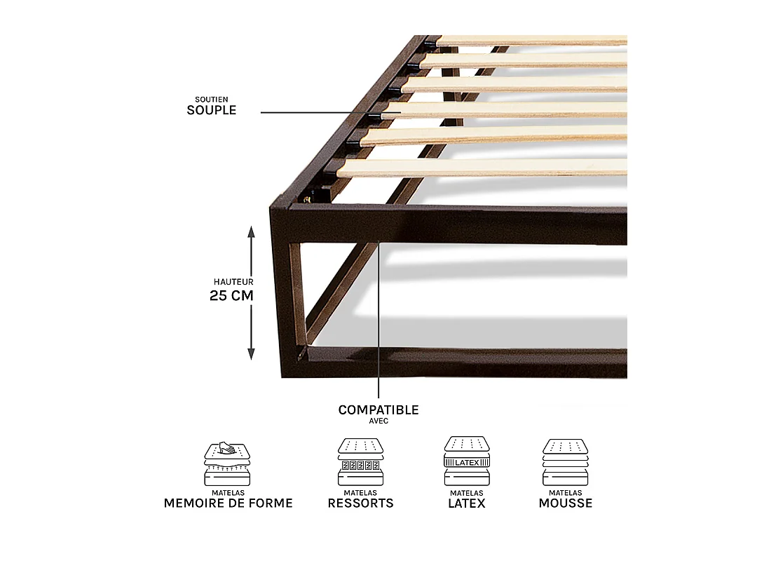 OLYMPE LITERIE | Sommier à lattes en métal LEONIDAS 140x190 cm | Coloris Noir | Livré en kit