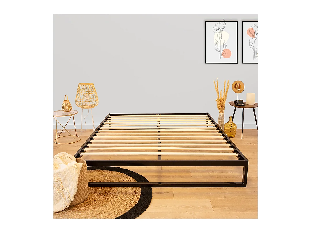 OLYMPE LITERIE | Sommier à lattes en métal PANDORE 140x190 cm | Coloris Noir | Livré en kit