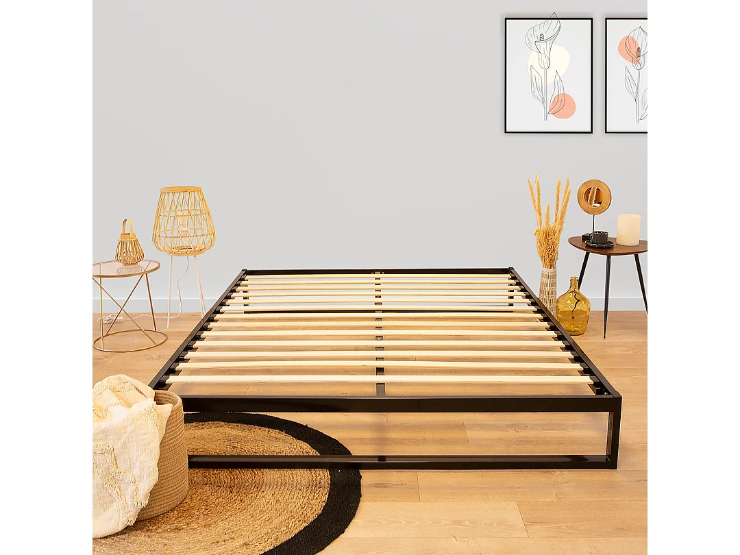 OLYMPE LITERIE | Sommier à lattes en métal PANDORE 140x190 cm | Coloris Noir | Livré en kit