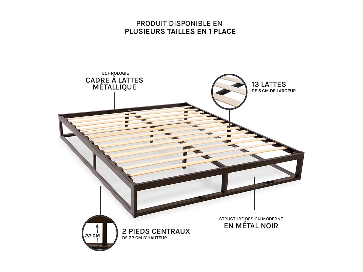 OLYMPE LITERIE | Sommier à lattes en métal LEONIDAS 160x200 cm | Coloris Noir | Livré en kit
